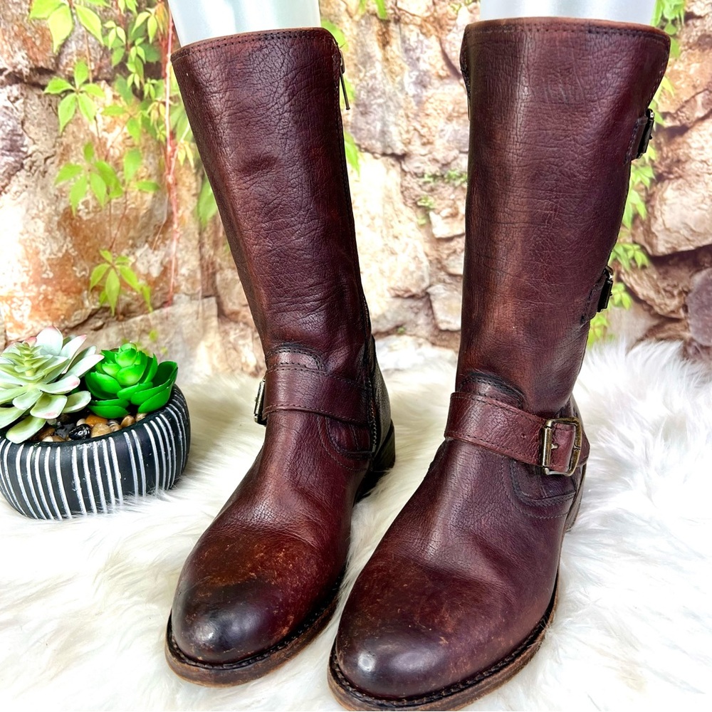 FRYE Brown Jaden Cuff Classic Heritage Buckle Leather Moto Boots, 6.5B - Picture 6 of 14